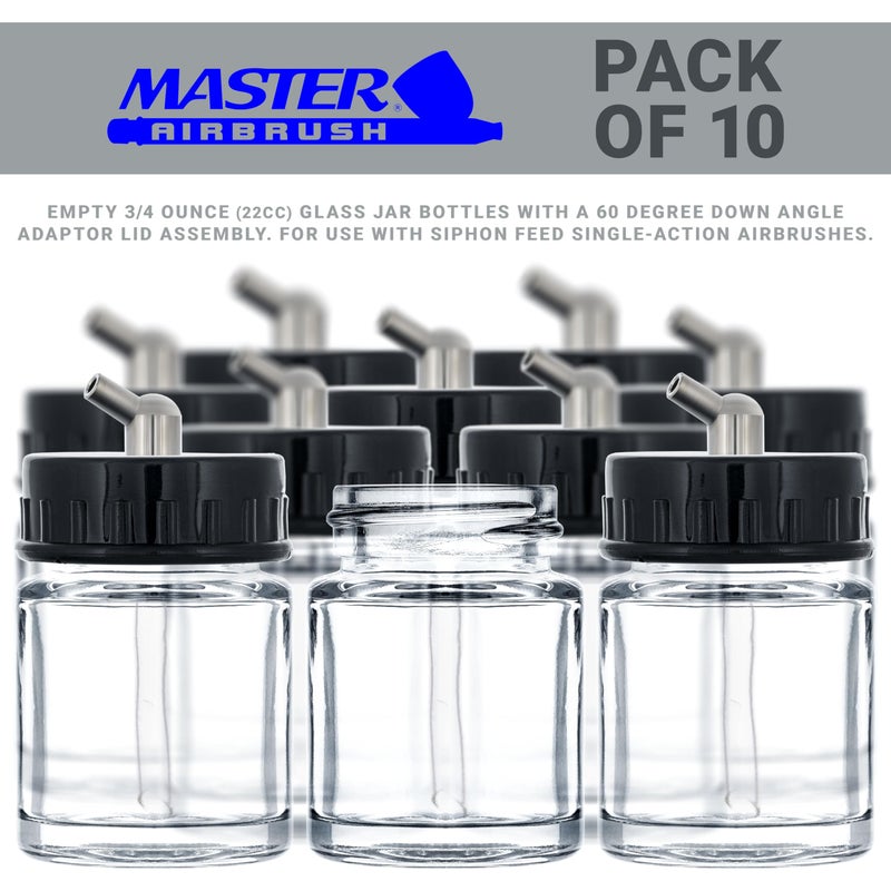 Master Airbrush (Pack of 10) TB-003 Empty 3/4 Ounce (22cc) Glass Jar Bottles with 60Â° Down Angle Adaptor Lid Assembly - Fits Single-Action Siphon Feed Airbrushes, Use with Master Badger Paasche, Iwata - Image 2